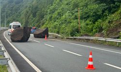 Yamaçtan kopan dev kayalar Karadeniz Sahil Yolu’na düştü