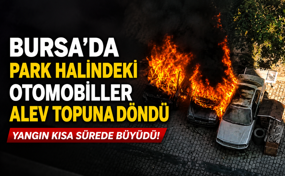 Bursa'da park halindeki otomobiller alev topuna döndü